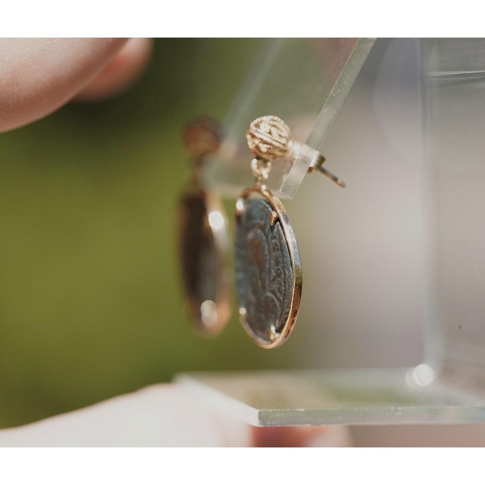 14k Solid Yellow Gold Roman Coin‎ Dangle Earrings Authentic Bronze Vintage Style - Picture 6 of 6